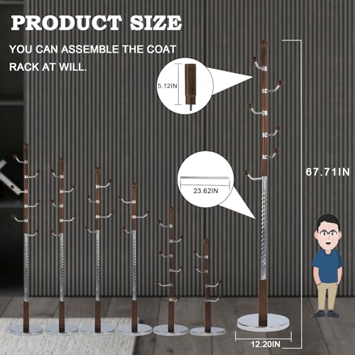 Coat Racks FreeStanding with 11 Hooks, Natural Wood Coat Rack with Solid Round Base, Adjustable Height Coat Racks, Easy Assembly for Hallway, Bedroom and Office (Walnut Metal) - color: Walnut Metal
