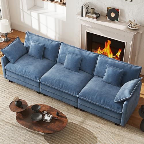 111.4" Cloud Couch, Modular Sectional Sofa, Comfy Modern 3-Seater Couches with Pillows & Upholstered Deep Seat Cushion for Living Room Bedroom Apartment (Blue) - color: Blue, size: 111.4" Sofa