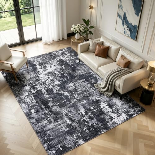 Sasttie 5x7 Washable Area Rug, Modern Abstract Rug, Black & White | Ultra-Soft Faux Wool, Machine Washable, Low Pile, Non-Slip, Lightweight, Thin, for Living Room, Bedroom, Dinning Room & Dorm - color: Black & White, size: 5' x 7' (Rectangular)