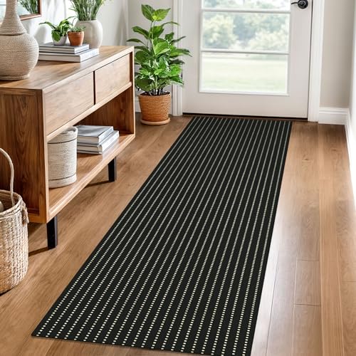 Washable Runner Rug, Non Slip Hall Runner, 2x6 Ft, Black/Cream | Washable Braided Runner Carpet, Non Slip Rubber Dot Backed, For Hallway, Kitchen, Entryway, Bedroom, Laundry Room, Foyer - color: Black and Beige, size: 2' x 6' (Rectangular)