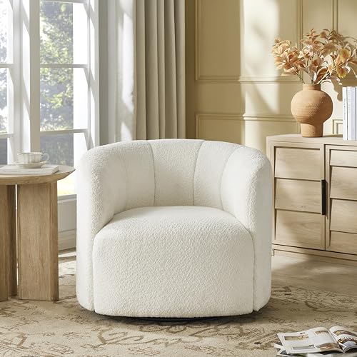 Swivel Accent Chair, No Assembly Required Upholstered Boucle Fabric Barrel Chair for Living Room, Beige - size: swivel chair