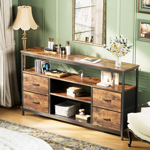 Huuger TV Stand Dresser with Power Outlets and LED Lights, 4 Drawers Entertainment Center with Shelves, 54 Inch Media Console for 55 60 Inch TV, 4 AC Outlets, 2 USBs, Rustic Brown - color: Rustic Brown, size: 54 Inches