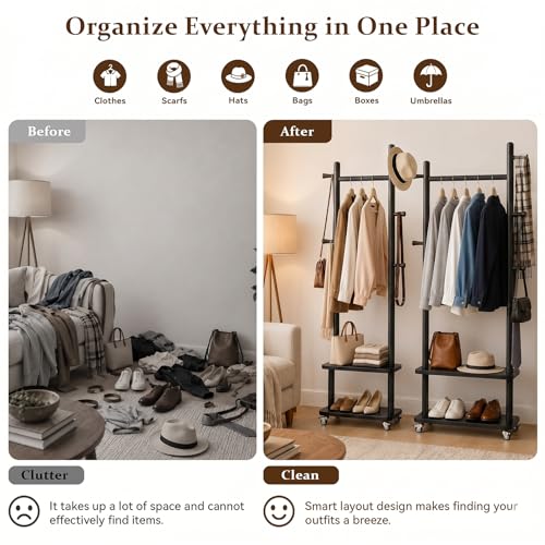 Coat Rack Freestanding Solid Wood Clothes Rack with Wheels | Space Saving, Stable 5 Hooks 2 Shelves Coat Tree, Silent 360 Degree Wheels, Heavy Duty 150 lb Capacity for Entryway Bedroom - color: Black, size: L: 23.6" x W: 11.8" x H: 70.9" (With Wheels)
