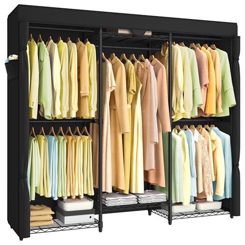 SONGMICS Heavy-Duty Clothes Rack, Garment Rack, Portable Closet, 68.7-Inch Wide Clothing Rack with Adjustable Mesh Shelves and Hanging Rails, Ink Black ULGR435B01 - color: Ink Black, size: 68.7"L x 76"H, style: With Fabric Cover