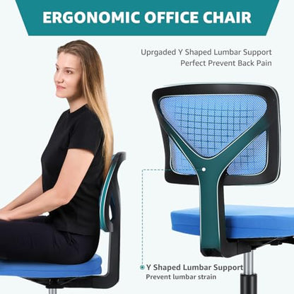 OLIXIS Armless Home Office Chair, Ergonomic Small Desk Chair | Mesh Back, Removable Washable Foam Cushion, Height Adjustable, Rolling Swivel Wheels, Small Space, Blue - color: Blue
