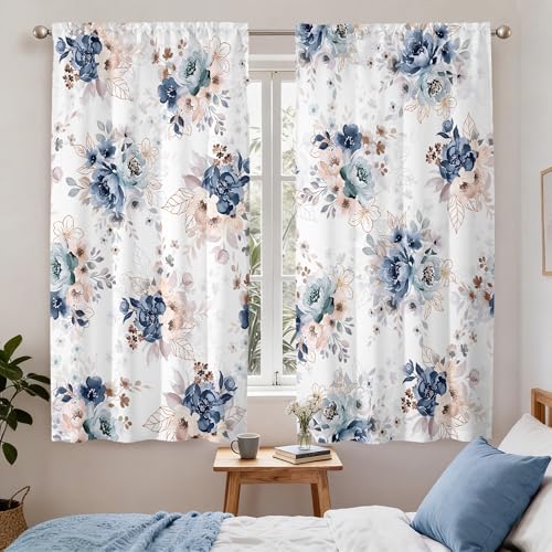 Floral Curtains 63 Inches Long for Living Room 2 Panels,Blue Flower Vintage Farmhouse Curtains Semi Sheer Light Filtering Pink Curtain for Bedroom,Rod Pocket Drapes Boho Curtain Room Decor - color: Blue Floral, size: 42"W x 63"L (Pack of 2)