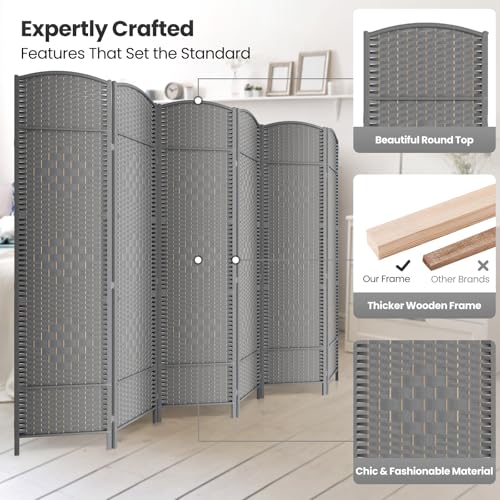 6 Panel Folding Room Divider,Woven Privacy Screen,Grey | Solid wood frame, handcrafted diamond pattern, 6FT tall, extends to 94.5 inches wide, no assembly required - color: Grey, size: 6-Panel