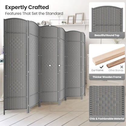 6 Panel Folding Room Divider,Woven Privacy Screen,Grey | Solid wood frame, handcrafted diamond pattern, 6FT tall, extends to 94.5 inches wide, no assembly required - color: Grey, size: 6-Panel