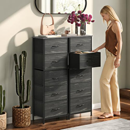 WLIVE 5 Drawer Dresser for Bedroom, Tall Chest of Drawers, Black Wood Grain | 5 vertical fabric drawers, Tall vertical design, Bedroom or closet use, Dresser for small spaces, Sturdy steel frame - color: Charcoal Black Wood Grain Print