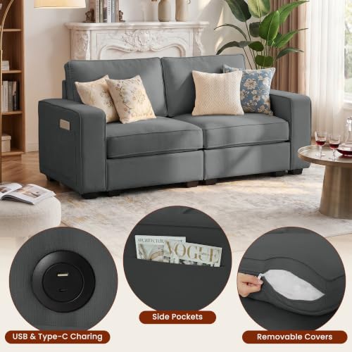 Small Sectional Couches with Storage for Living Room, Modular Loveseat Sofa with Removable Chenille Cover & USB Charging, Comfy Living Room Couch, Grey - color: Grey