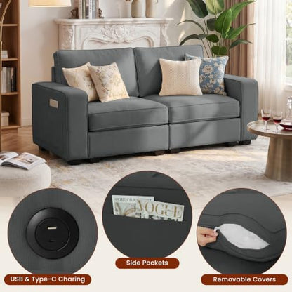 Small Sectional Couches with Storage for Living Room, Modular Loveseat Sofa with Removable Chenille Cover & USB Charging, Comfy Living Room Couch, Grey - color: Grey