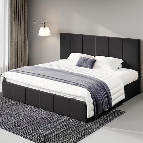 Allewie King Size Dutch Velvet Upholstered Platform Bed Frame/Vertical Channel Tufted Adjustable Headboard/Low Profile Bed Frame/No Box Spring Needed/Easy Assembly/Black - color: Black, size: King