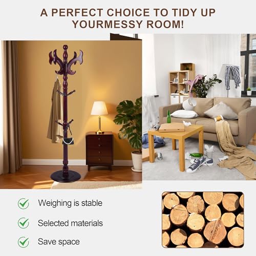 Wooden Coat Rack Freestanding with 14 Hooks, Adjustable Height Coat Tree Free Standing Heavy Duty for Entryway, Easy Assembly Solid Wood Sturdy Coat Hats Hanger Stand for Office Hallway Bedroom - color: Redwood-Solid Wood Hook B