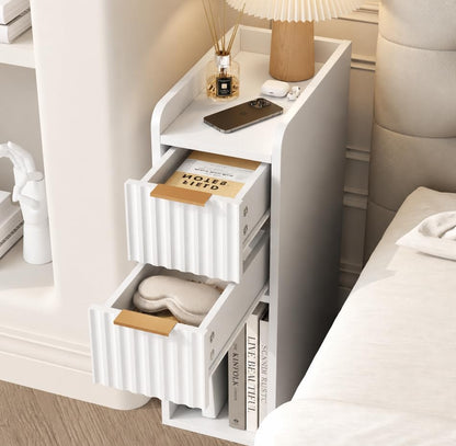 Narrow Nightstand Set of 2, 7.9" Wood Nightstands w/Fluted 2 Drawer, Slim Bed Side End Table Small Spaces Modern Skinny Wooden Night Stand for Bedroom, Living Room, White