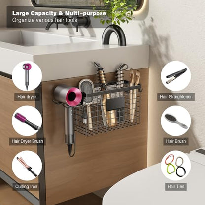 Voldra Hair Dryer Holder Cabinet Door, Adhesive Hair Tool Organizer Wall Mount Adjustable Height Blow Dryer Holder Under Sink/Countertop for Flat Curling Iron, Hair Brush and Straightener (1, Black) - color: Black