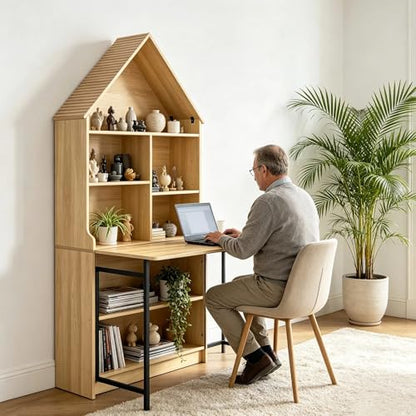 FNK Folding A-Frame Bookshelf Narrow Bookcase with Hideaway Craft Desk | Convertible Hideaway Desk to Bookshelf for Small Spaces, Multifunctional Craft Table & Vanity - color: Natural