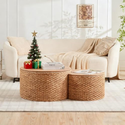 Round Nesting Coffee Table Set of 2 with Storage - Handwoven Wicker Rattan Ottoman Style, Boho Coastal Coffee Tables for Living Room, Rattan Coffee Table with Cover & Soild Wood Frame - color: Natural (Under Warm Light)