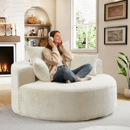 55" Oversized Round Chaise Longue Chair Indoor, Upholstered Chenille Circle Single Cloud Reading Sofa Chair Deep Seat Modern Boneless Sleeper Couch No Assembly Required, Beige - color: Beige, style: 55"Chenille