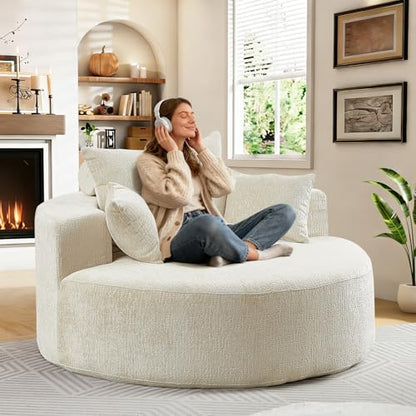 55" Oversized Round Chaise Longue Chair Indoor, Upholstered Chenille Circle Single Cloud Reading Sofa Chair Deep Seat Modern Boneless Sleeper Couch No Assembly Required, Beige - color: Beige, style: 55"Chenille