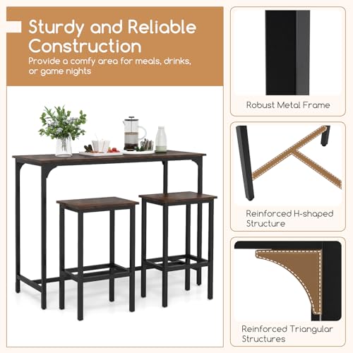COSTWAY 3-Piece Dining Table Set, 47.5" Industrial Counter-Height Kitchen Table and 2 Bar Stools, High Top Rectangular Pub Table and Chairs for Dining Room Small Place Breakfast Nook Bistro (Coffee) | w/ 2 Bar Stools, High Top Rectangular Pub Table and Ch