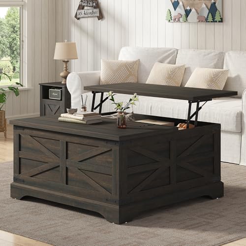 35.5''W Square Coffee Table Farmhouse Lift top Coffee Table with Large Hidden Storage, Wood Center Table for Living Room, Home Office, Dark Brown - color: Brown, size: 35.5''W