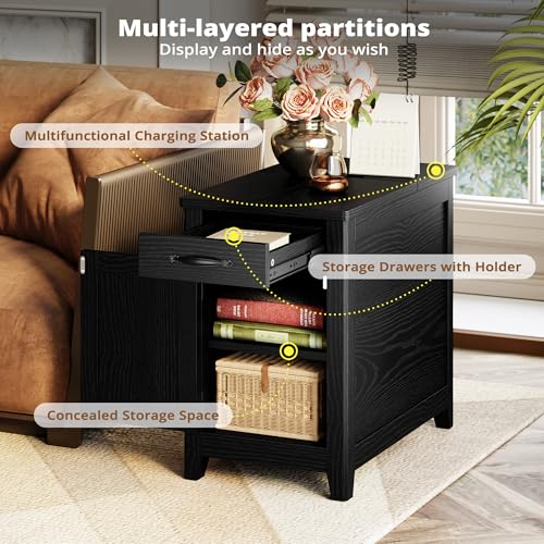 IRONCK End Table with Charging Station, Narrow Side Table, Black | Bedside table. Farmhouse nightstand with drawer, cabinet, flip-top, and cup holder, wood grain, for home - color: Black