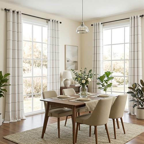 MYSKY HOME 100% Blackout Plaid Linen Farmhouse Short Curtains 54 Inches Long 2 Panels Set - Double Layer Thermal Insulated Black Out Windowpane Striped Print Drapes, Wide 52 Inch Each Panel, Brown - color: Brown, size: 52"W x 54"L (Pack of 2)