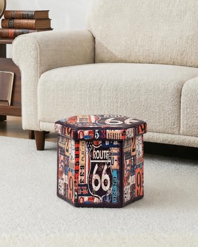 B FSOBEIIALEO Route 66 Storage Ottoman Hexagonal, Faux Leather Foot Rest Seat for Living Room, Storage Organizer 16.93"x15"x15" - size: 16.93*15*15 inches