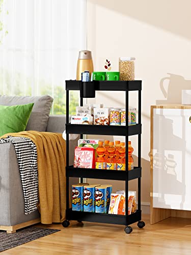 LEHOM Slim Rolling Storage Cart - 4 Tiers Bathroom Organizer Utility Cart | Slide Out Storage Shelves Mobile Shelving Unit for Kitchen, Bedroom, Office, Laundry Room, Small Narrow Spaces (7.1" W+Black) - color: Black