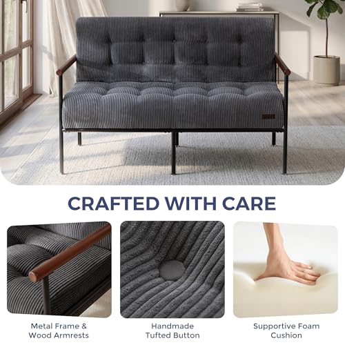 MAXYOYO Loveseat Sofa Chair, Love Seat, Sturdy Metal Frame, Wood Armrests | Button-Tufted Upholstery, Cozy Two-Person Seating for Modern Small Couches in Living Rooms, Bedrooms or Offices, Dark Grey - color: Dark Grey