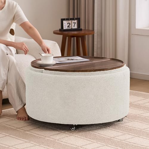 29.5" Round Storage Ottoman Coffee Table, Dual Reversible Lids, Beige | Round Ottoman Coffee Table, Swivel Casters, Hidden Storage, Dual Lift-Off Lids, Teddy Fabric, Living Room, Bedroom - color: Beige