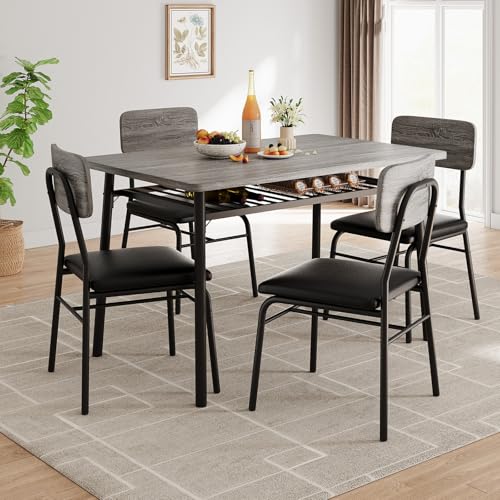 GarveeHome Dining Table Set for 4 with Storage Rack, Gray | 5-Piece Kitchen Table and Upholstered Chairs, Wood Tabletop, Heavy-Duty Metel Frame, for Small Space, Apartment, Kitchen Room - color: Gray -1, size: Table with 4 Chairs