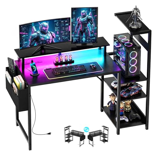 Gaming Desk 43 Inch Computer Table with Storage Shelves & Monitor Stand | LED Setup Style, PC Tower Stand, Reversible Workstation, USB Charging Port, for Home Office Desk, Bedroom, Dorm, Black - size: 43inch