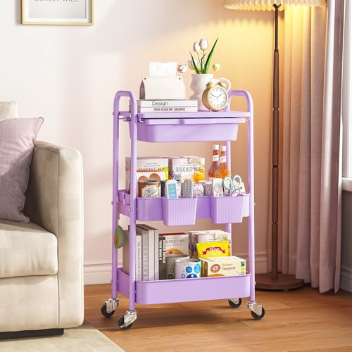 KINGRACK 3 Tier Metal Rolling Cart with Drawer, Purple Utility Storage Cart | 2 Cups & 4 Hooks, Lockable Wheels, Trolley Organizer for Bathroom, Kitchen, Office, Nursery, Dorm, Laundry, Craft Room - color: Purple