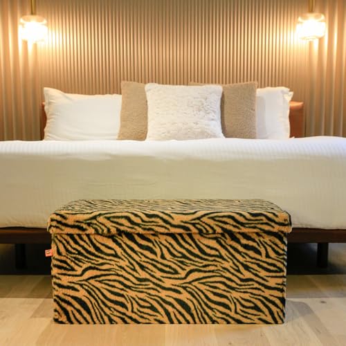 Luxe Faux Fur Storage Ottoman, Tiger Tan/White, 30 x 15 x 15 in | Engineered Wood, Tool-Free Assembly, Modern Style, Seat And Footrest - color: Tiger Tan/White, size: 30"D x 15"W x 15"H