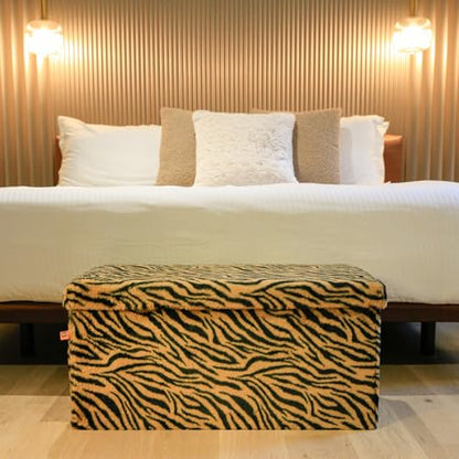 Luxe Faux Fur Storage Ottoman, Tiger Tan/White, 30 x 15 x 15 in | Engineered Wood, Tool-Free Assembly, Modern Style, Seat And Footrest - color: Tiger Tan/White, size: 30"D x 15"W x 15"H