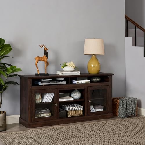 Modern TV Stand for 65 Inch TV, 60 Inch Farmhouse TV Console with Glass Doors and Adjustable Shelves for Living Room, Wood Media Entertainment Center with Cable Management, Brown - color: Brown-f-60.00 X 15.75 X 29.00 Inch