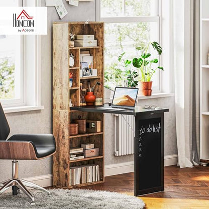 HOMCOM Foldable Desk Wall Mounted Convertible Table, Rustic Brown | Wall Mounted, Space-Saving, Chalkboard, Storage Shelves, for Small Spaces, Home Office, Bedroom, Dorm, Apartment - color: Rustic Brown