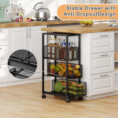 4 Tier Narrow Kitchen Rolling Cart, 9.1" Wide Slim Kitchen Storage Cart with Pull-Out Baskets, Adjust Pantry Organizer and Storage Cart with Wheels, Multifunctional Fruit Vegetable Spice Storage Cart - size: Small 4 Tier Black