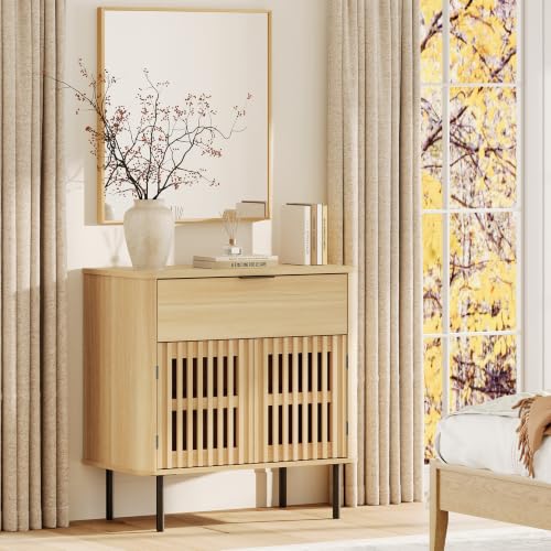 WAMPAT 31.5" W Fluted TV Stand with Storage for Living Room up to 43" TVs | Wood Entertainment Center, Pop-up Doors & Drawer, Mid Century Modern TV Media Console, Cable Management, Bedroom, Oak