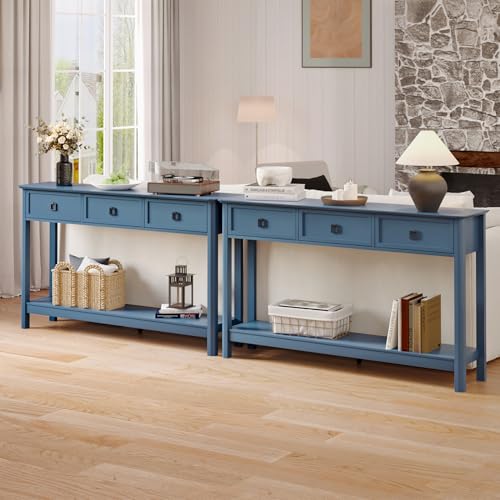 Treocho 53.1" Console Table with 3 Drawers, Sofa Table Behind Couch, 2 Tier | Long Entryway Table with Storage, Modern, For Hallway, Living Room, Blue - color: Blue