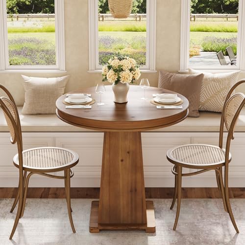 LITTLE TREE Solid Wood Round Dining Table, 31.5" Small Kitchen Table for 2, Modern Farmhouse Dinner Table for Dining Room, Kitchen, Living Room, Artistic Geometric Base, Table Only (Rustic Brown) - color: Rustic Brown