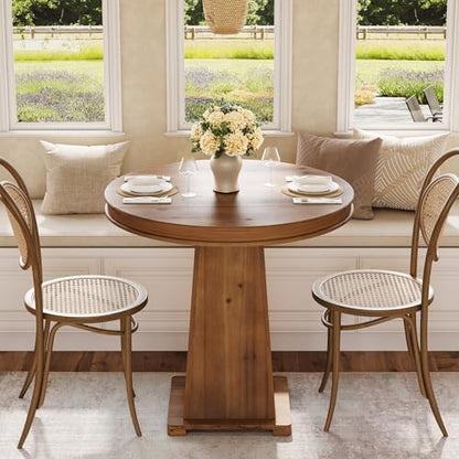 LITTLE TREE Solid Wood Round Dining Table, 31.5" Small Kitchen Table for 2, Modern Farmhouse Dinner Table for Dining Room, Kitchen, Living Room, Artistic Geometric Base, Table Only (Rustic Brown) - color: Rustic Brown