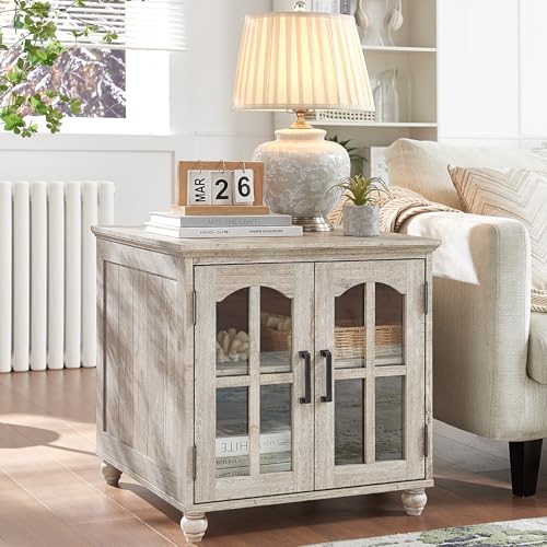 RWYHG Farmhouse 24" End Table with Charger, Glass Barn Door, Grey | USB Ports, Solid Wood Legs, Adjustable Storage Shelf, Square Bedside Table for Living Room,Bedroom - color: Grey, size: Set 1