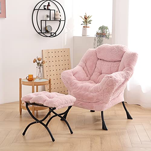 Lazy Chair with Ottoman, Comfy Accent Reading Chair, Plush Pink | Foldable Footrest,Removable Cover,with Armrests and Side Pockets,Upholstered Lounge Chair for Bedroom,Dorm,Office,Small Space - color: Plush Pink