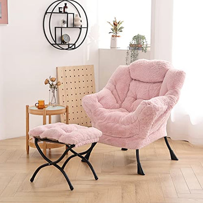 Lazy Chair with Ottoman, Comfy Accent Reading Chair, Plush Pink | Foldable Footrest,Removable Cover,with Armrests and Side Pockets,Upholstered Lounge Chair for Bedroom,Dorm,Office,Small Space - color: Plush Pink