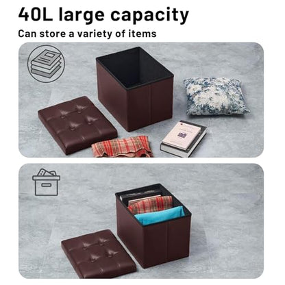Bsketa Storage Ottoman Bench,16 Inch Folding Leather Foot Rest Stool, Brown | Small Ottoman with Side Pockets, Thicker Foam Padded Seat, Livingroom, Dorm, Bedroom, Easy to install, 38L,16x12x12in - color: Brown-with Side Pockets..