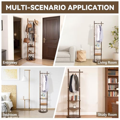 Wood Coat Rack Freestanding Rotary Coat tree with 3 Shelves and 5 Hooks | 4 Swivel Wheels Heavy Duty Clothing Rack Coat Hanger Stand for Corner Entryways Living Rooms and Bedrooms, Walnut
