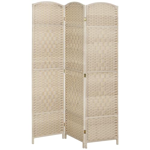 HOMCOM 3 Panel Room Divider 6 Ft Privacy Screen Hand-Woven Washed Oak | Folding PP Wall Partition, Pine Wood Frame, Freestanding Room Separator, Bedroom Home Office, No Assembly - color: Washed Oak, size: 3 Panel