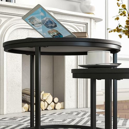 HOJINLINERO Round Nesting Coffee Table Set of 2,Small Black Coffee Table | Center Table for Living Room,Small Apartment,Small Space,Stacking Side Tables,Wood Tabletop,Sturdy and Easy to Assemble - color: Black, size: Small
